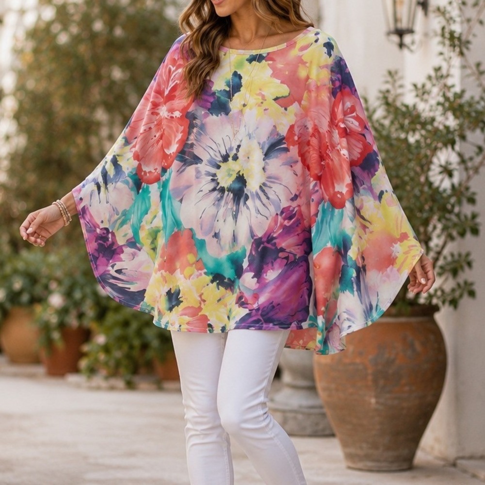 Rainbow Womens Large Floral Watercolor Cape Large Artsy Art to Wear Boho Retro